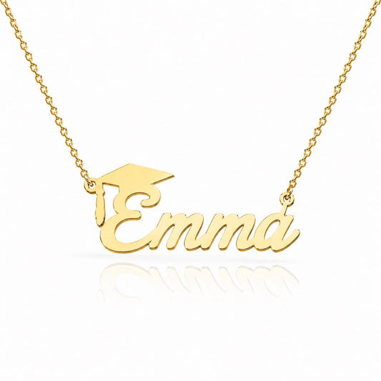 A gold-colored necklace with the name "Emma" engraved on it.