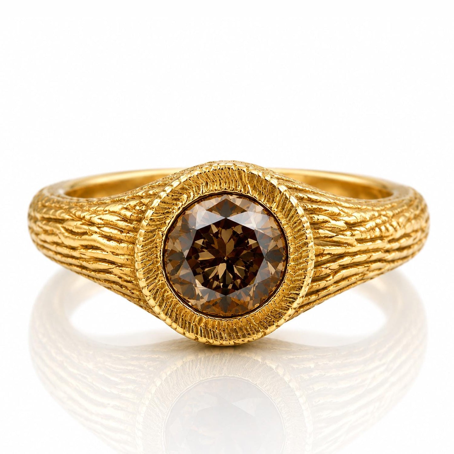 A gold ring with a large, round diamond in the center.