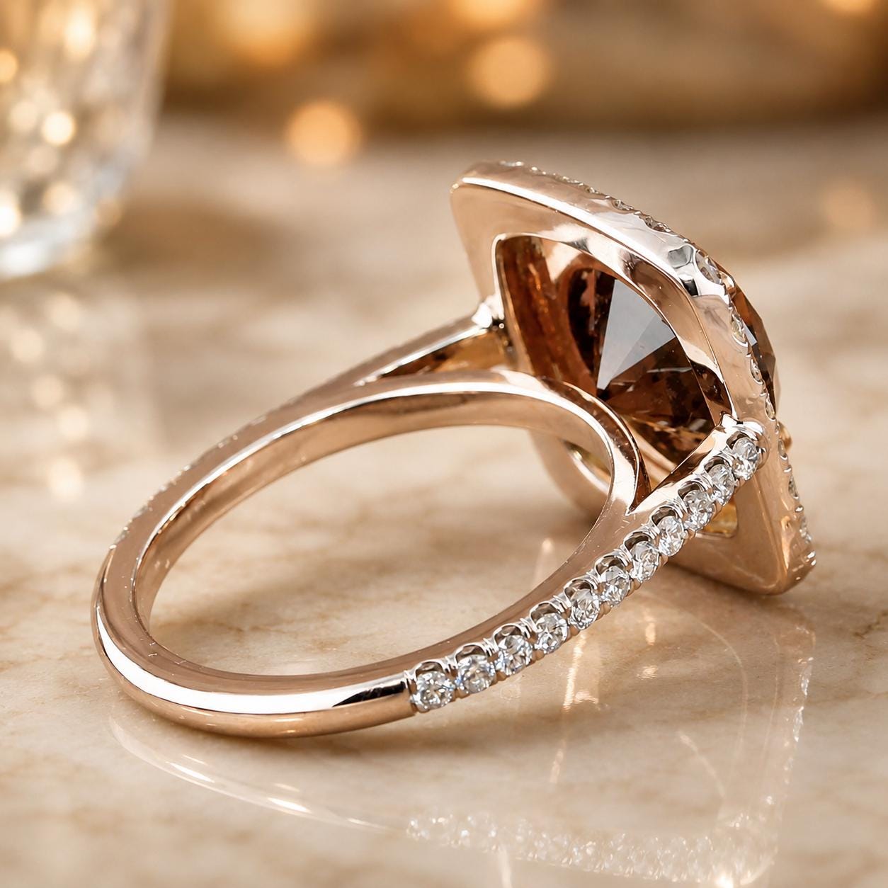 A close-up image of a gold ring with a large diamond set in the center, surrounded by smaller diamonds.
