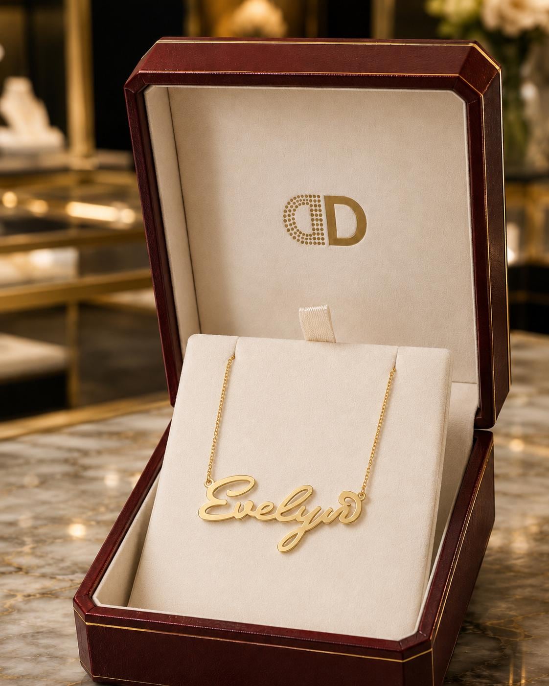 A gold necklace with the name "Evelyn" engraved on it, displayed in a red jewelry box with a gold logo.