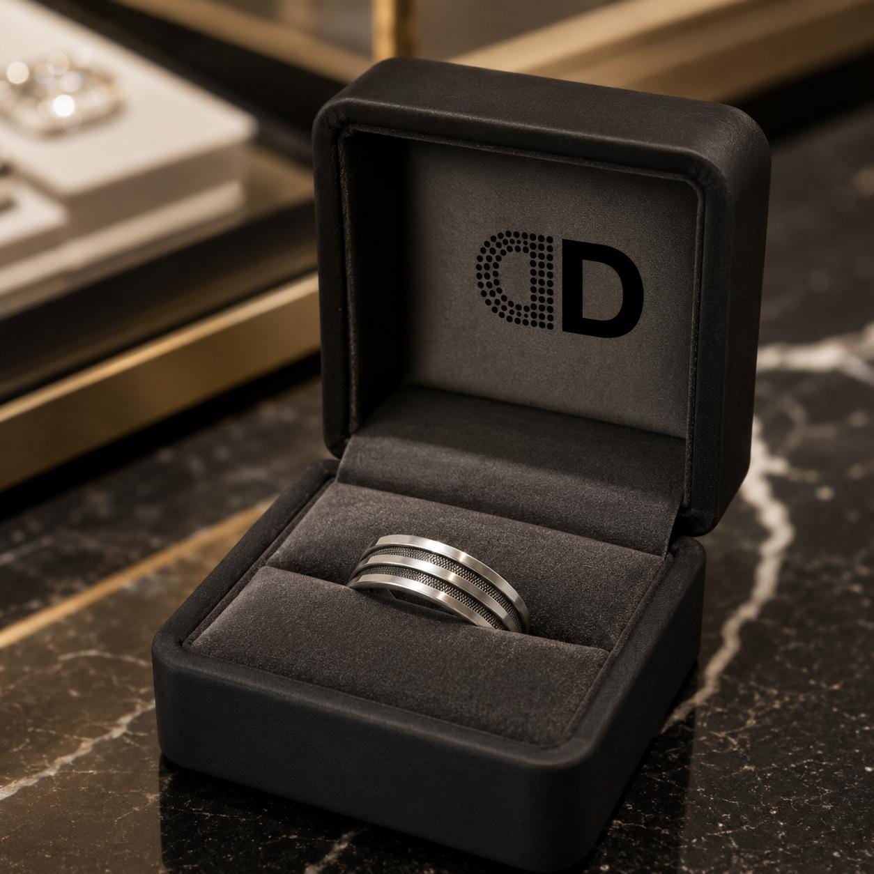 A silver ring is displayed in a black jewelry box with a logo on the lid.