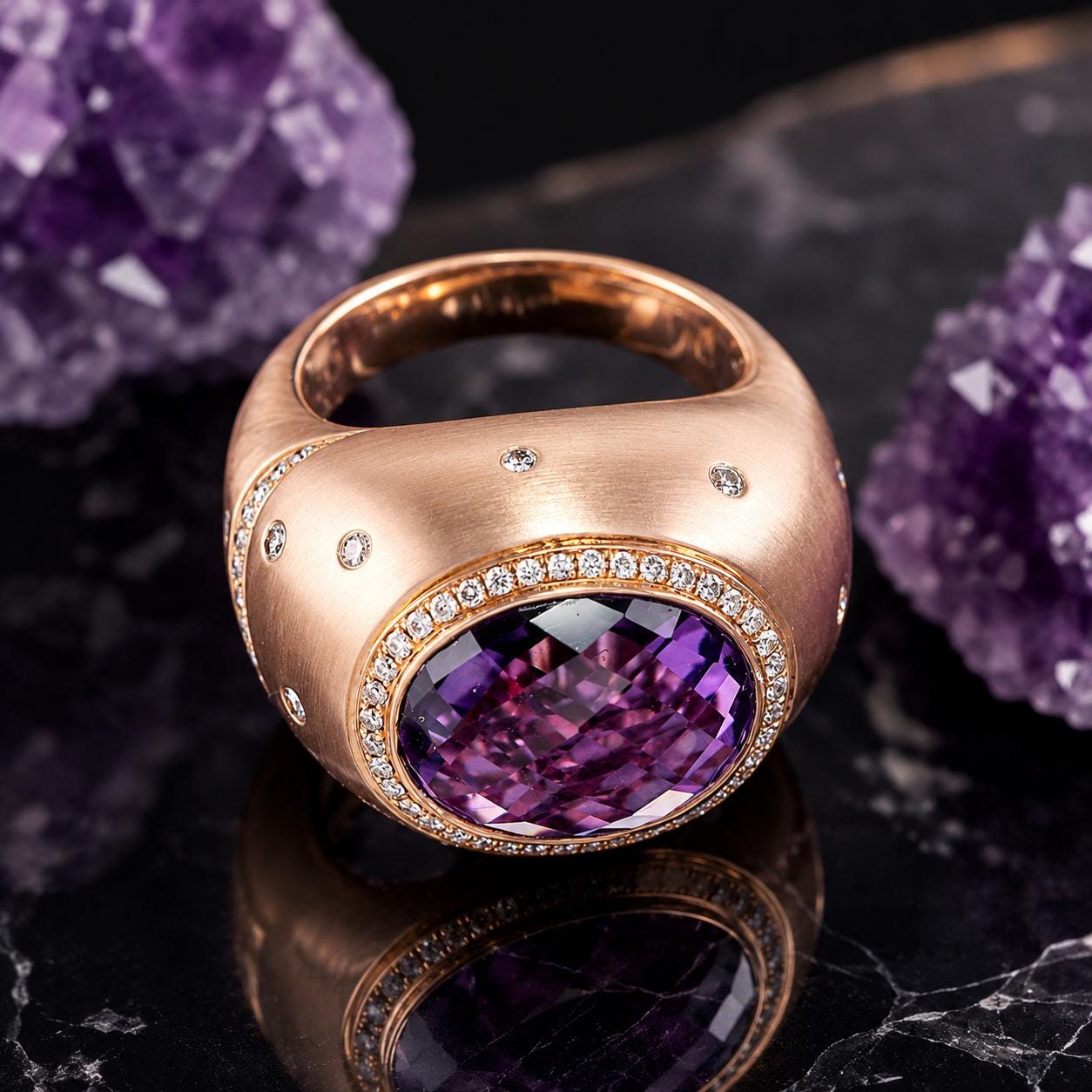 A gold ring with a large oval-shaped purple gemstone, surrounded by smaller diamonds, is displayed on a marble surface with purple crystals in the background.