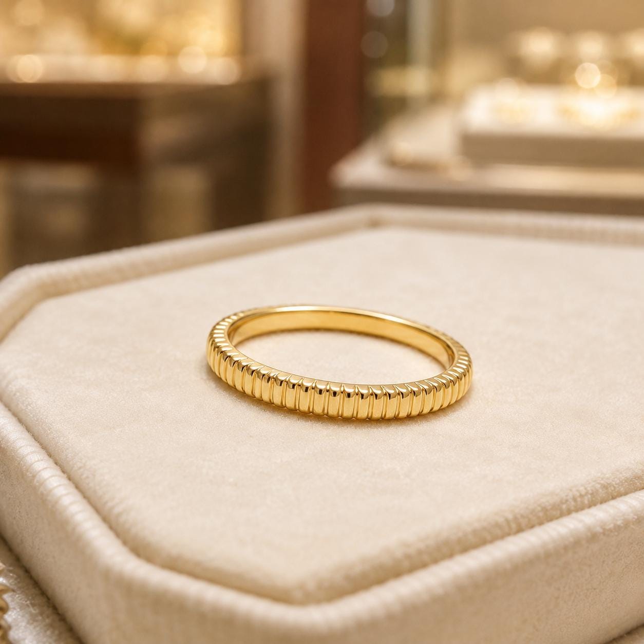 A gold ring is displayed on a white box in a jewelry store.