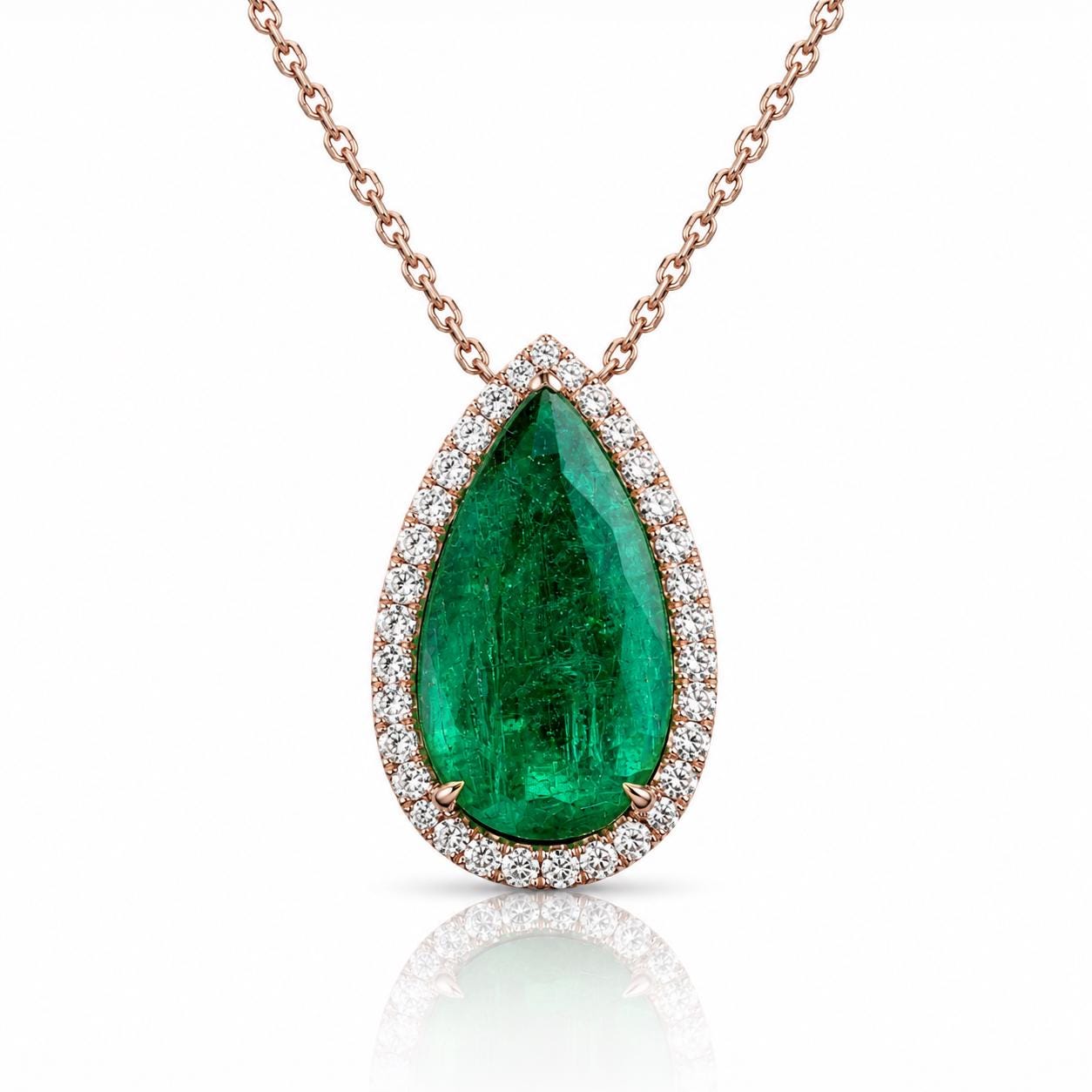 A necklace with a large, bright green gemstone surrounded by smaller diamonds.