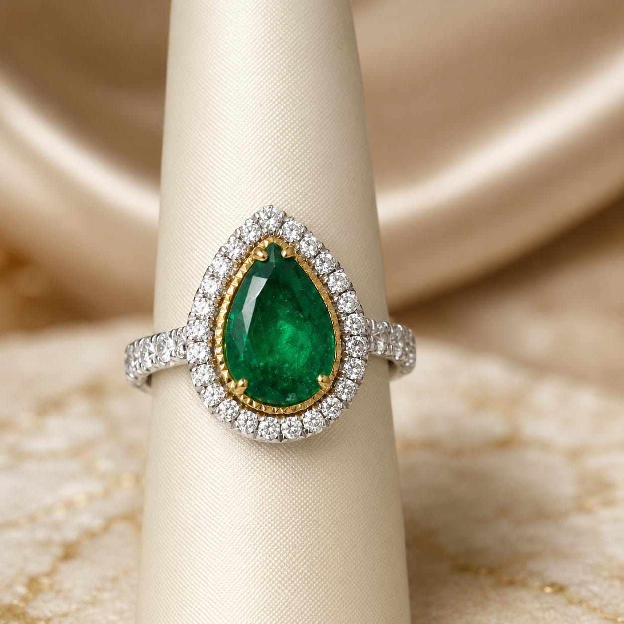 A diamond ring with a large, bright green gemstone, likely an emerald, set in a halo of smaller diamonds.
