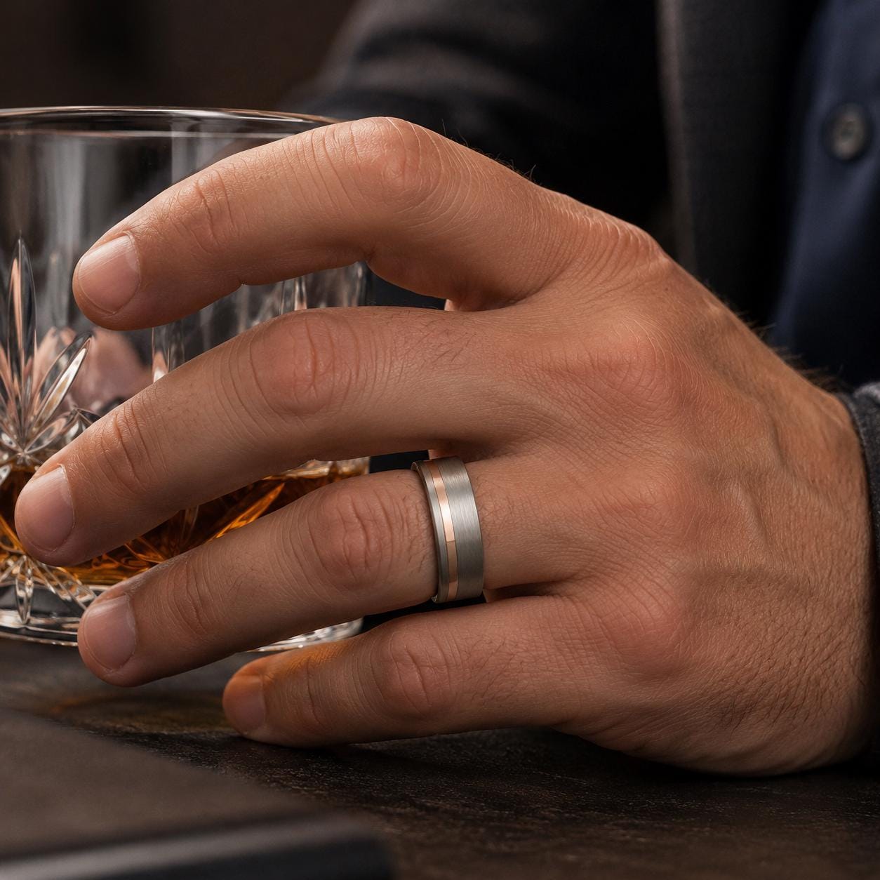 A close-up image of a hand wearing a silver ring, holding a glass of amber-colored liquid, possibly whiskey.