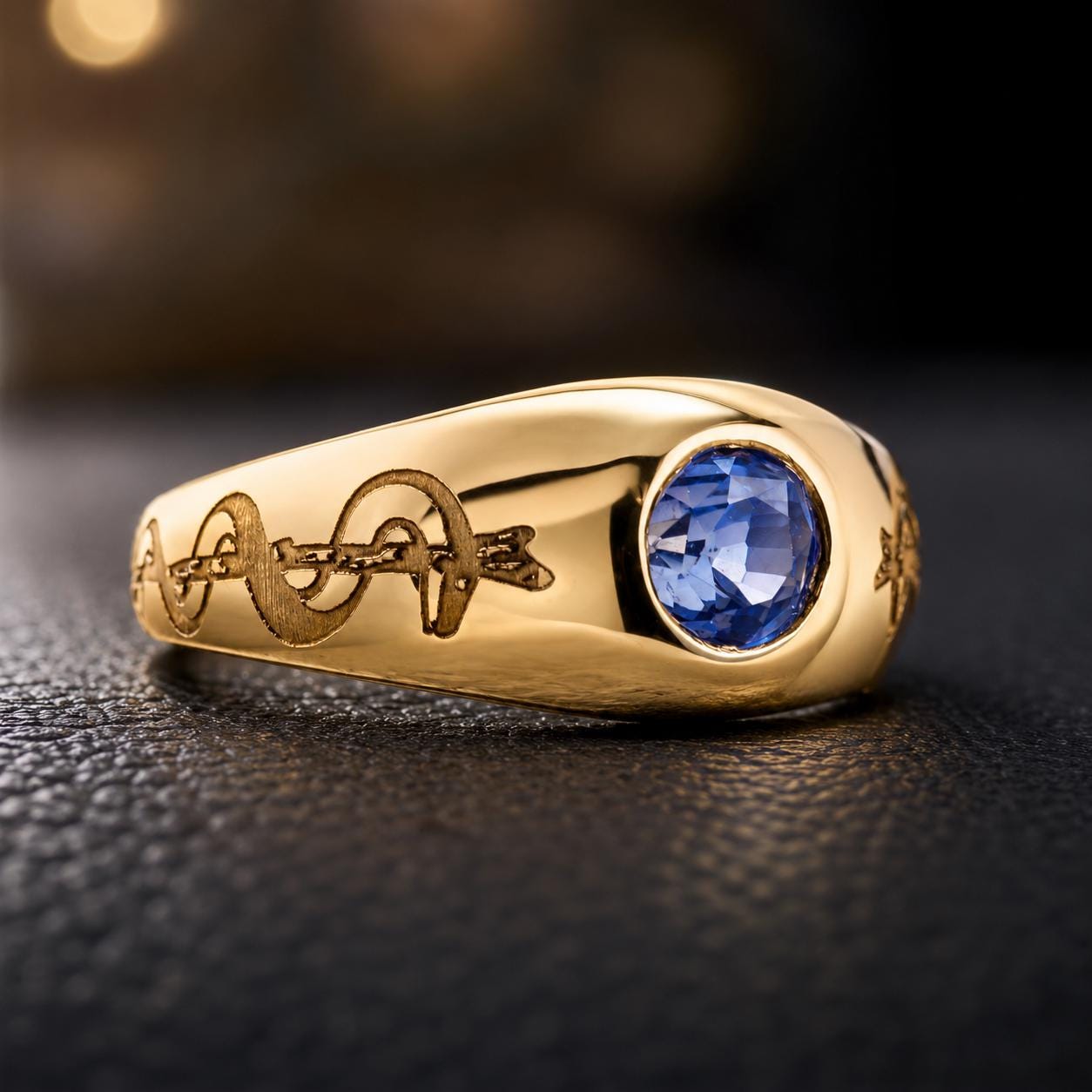 A gold ring with a blue gemstone, featuring an engraved design, is displayed on a dark surface.