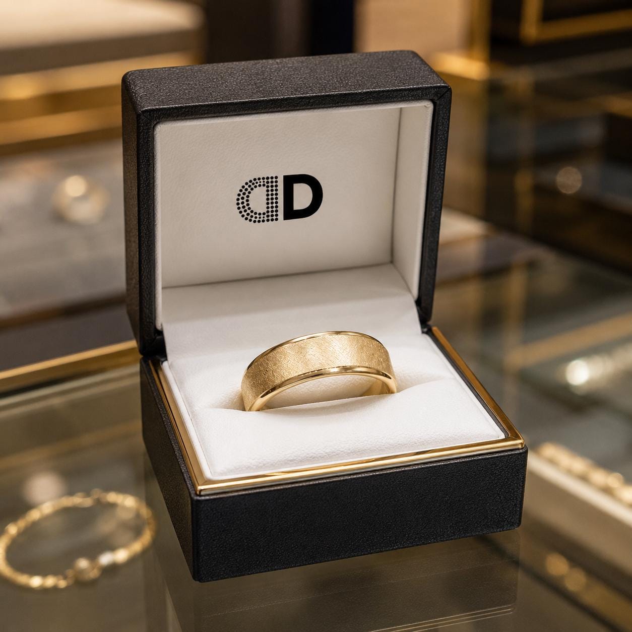A gold ring is displayed in a black jewelry box with a white interior, placed on a glass table.