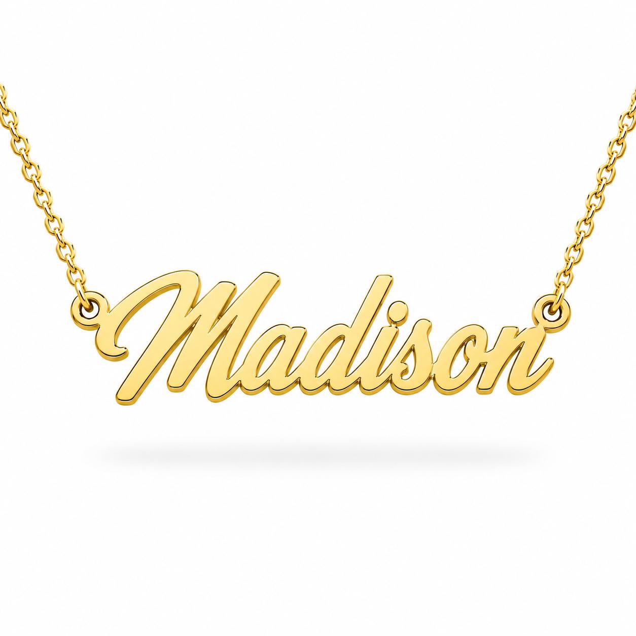 A gold necklace with the name "Madison" engraved on it.