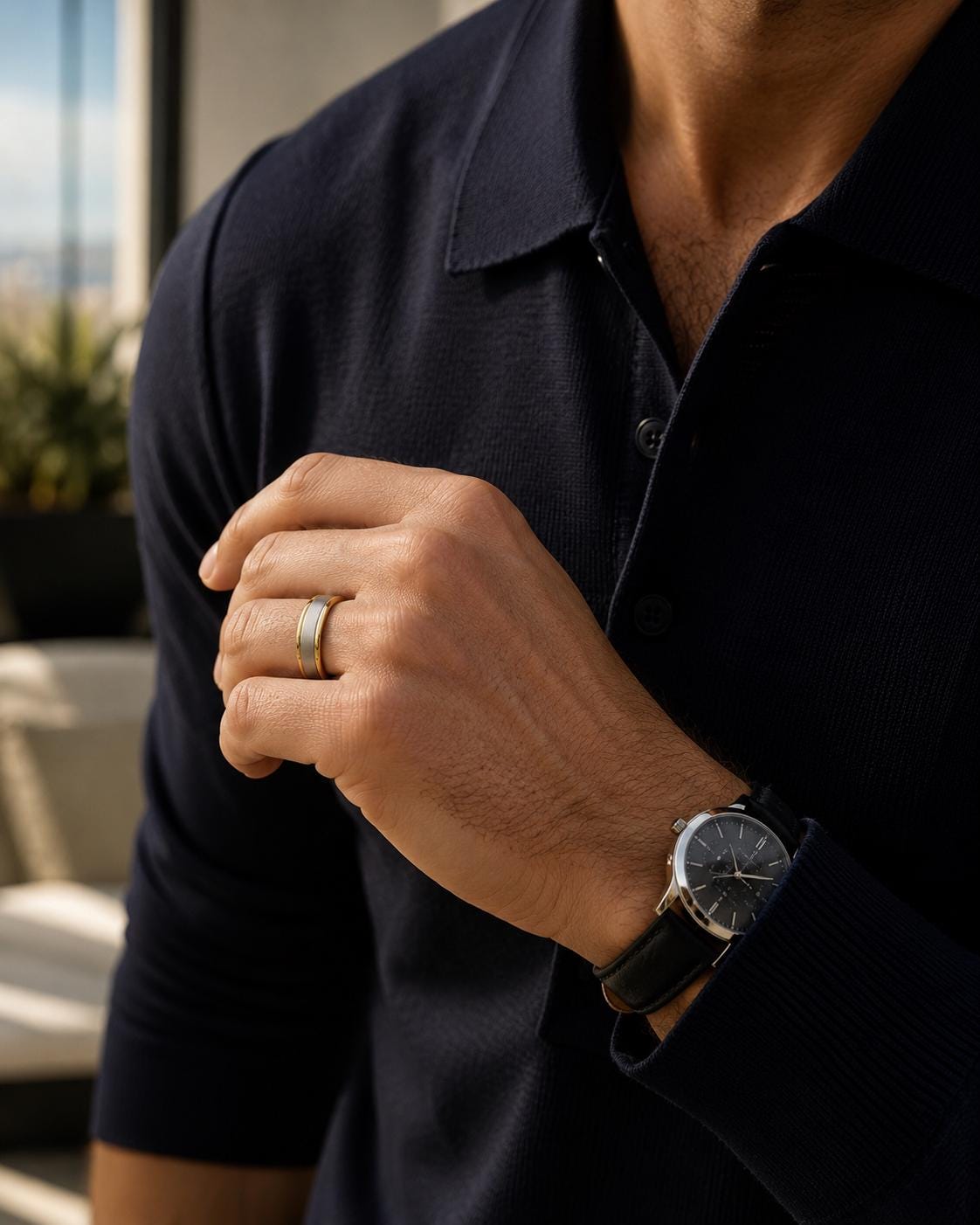 A man wearing a dark blue shirt and a watch is holding his hand up to his chest, with a ring visible on his finger.