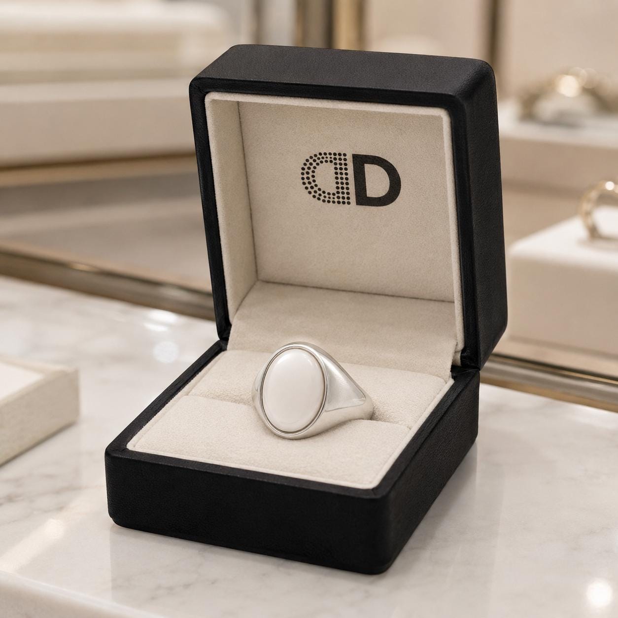 A silver ring is displayed in a black jewelry box with a logo on the inside.