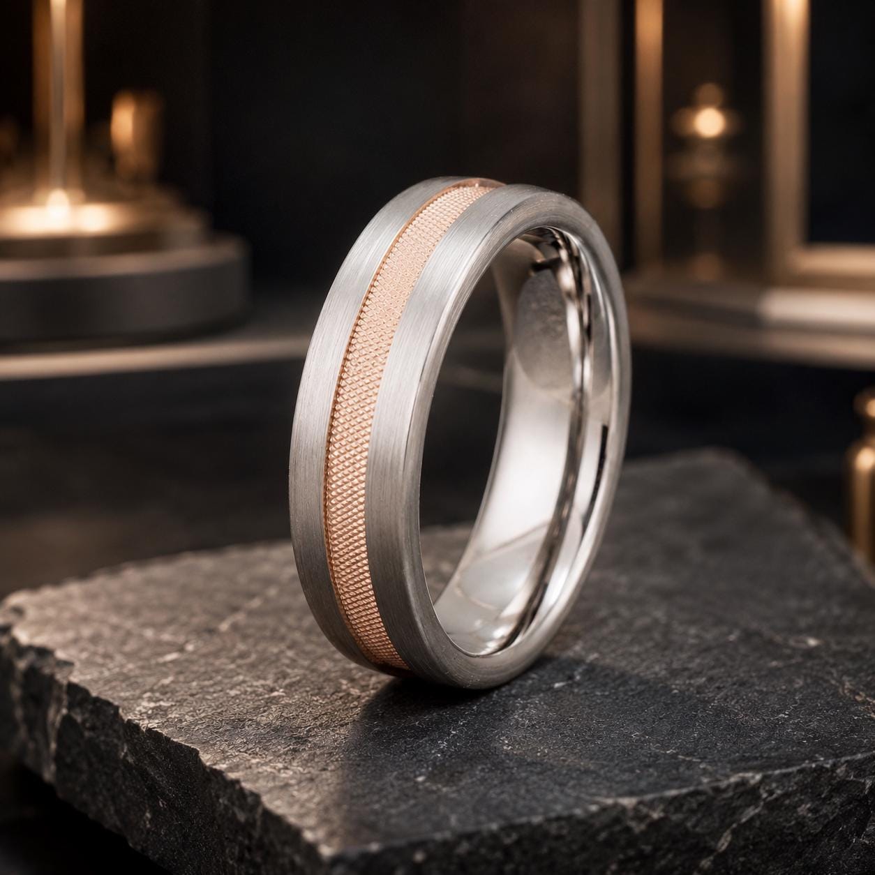 A silver ring with a textured band is displayed on a dark surface, possibly a stone or a black table.