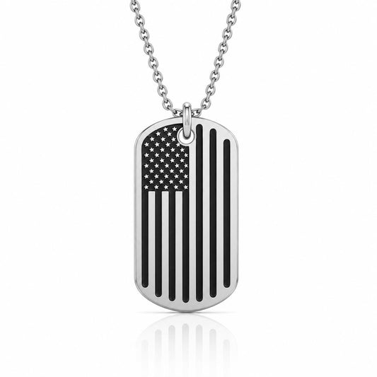 A silver-colored necklace with a pendant featuring the American flag design.