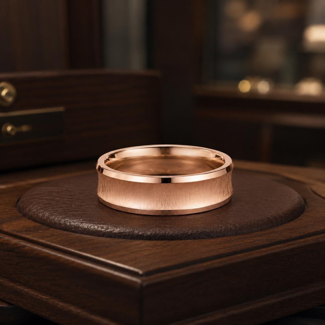 A gold-colored ring is displayed on a wooden stand, with a blurred background suggesting a room with wooden furniture.