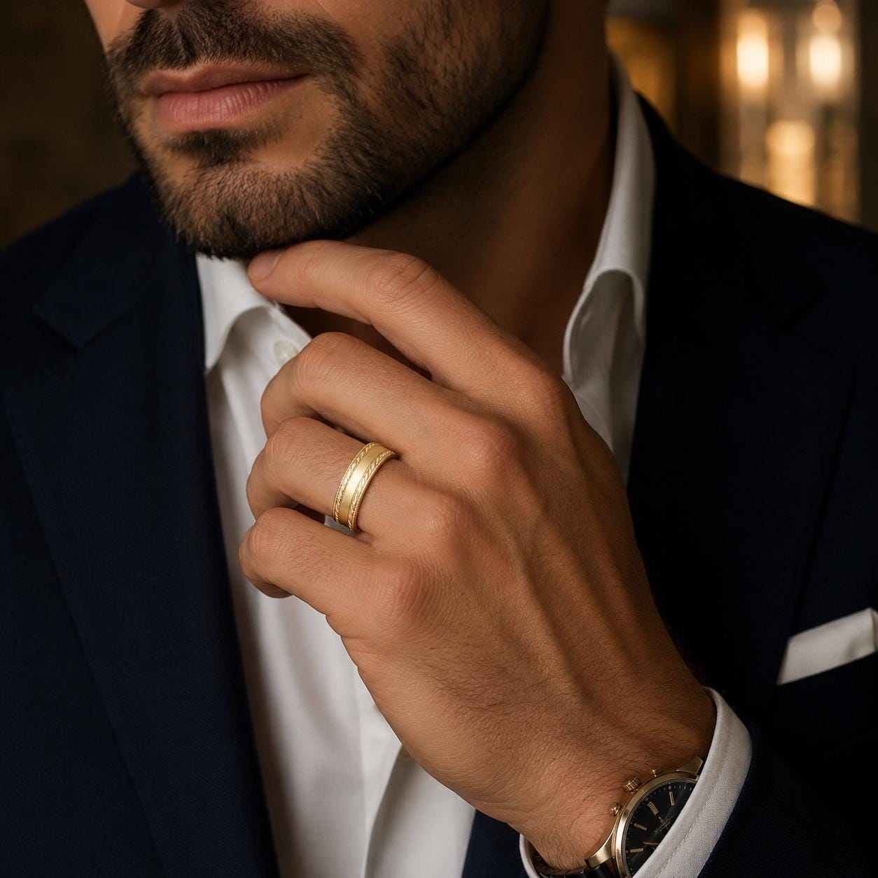 A close-up of a man's hand wearing a gold ring, with a suit jacket and white shirt visible.