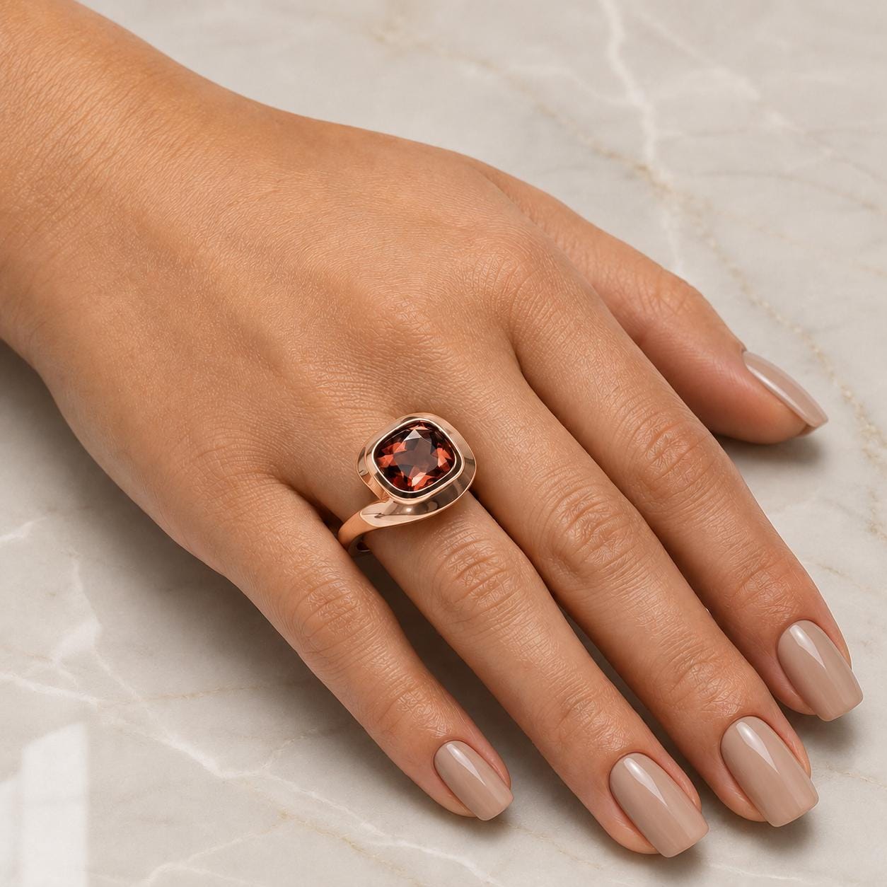 A close-up of a hand wearing a gold ring with a large red gemstone.