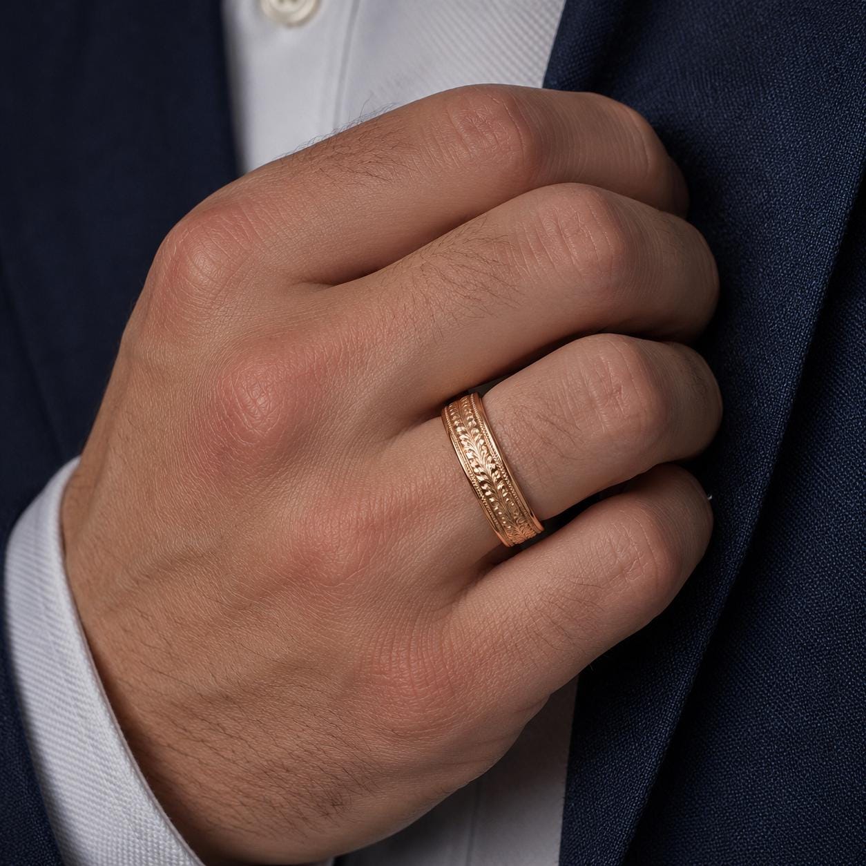 A close-up of a man's hand wearing a gold ring, with a suit jacket visible in the background.