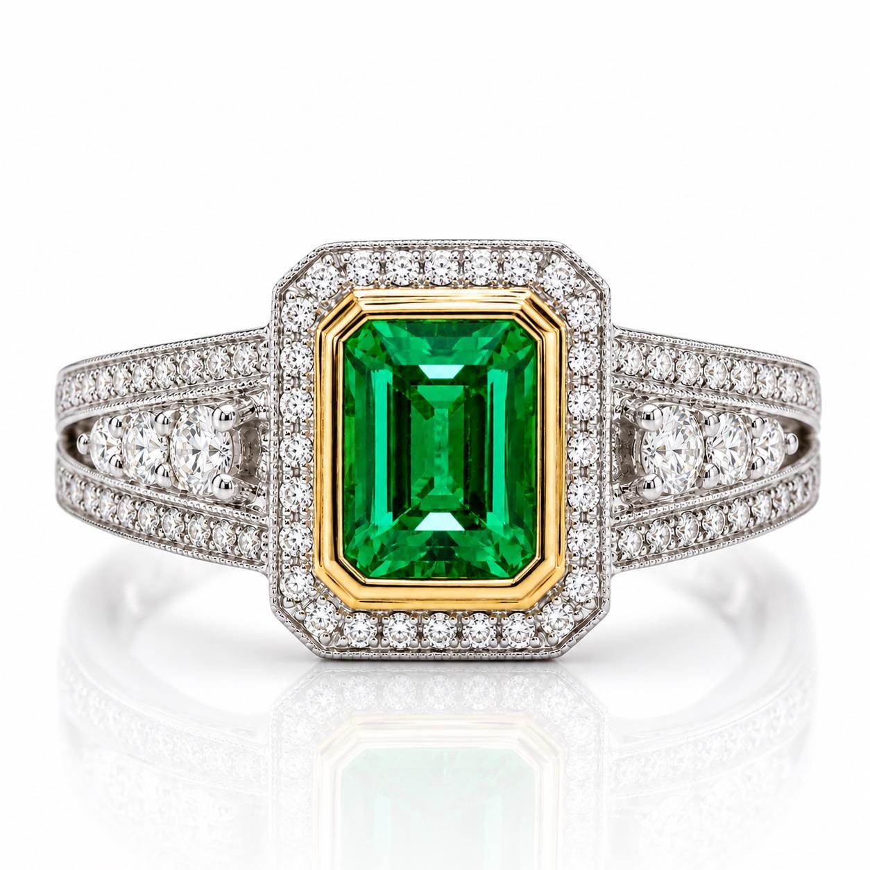 A diamond ring with a large, green gemstone in the center, surrounded by smaller diamonds.