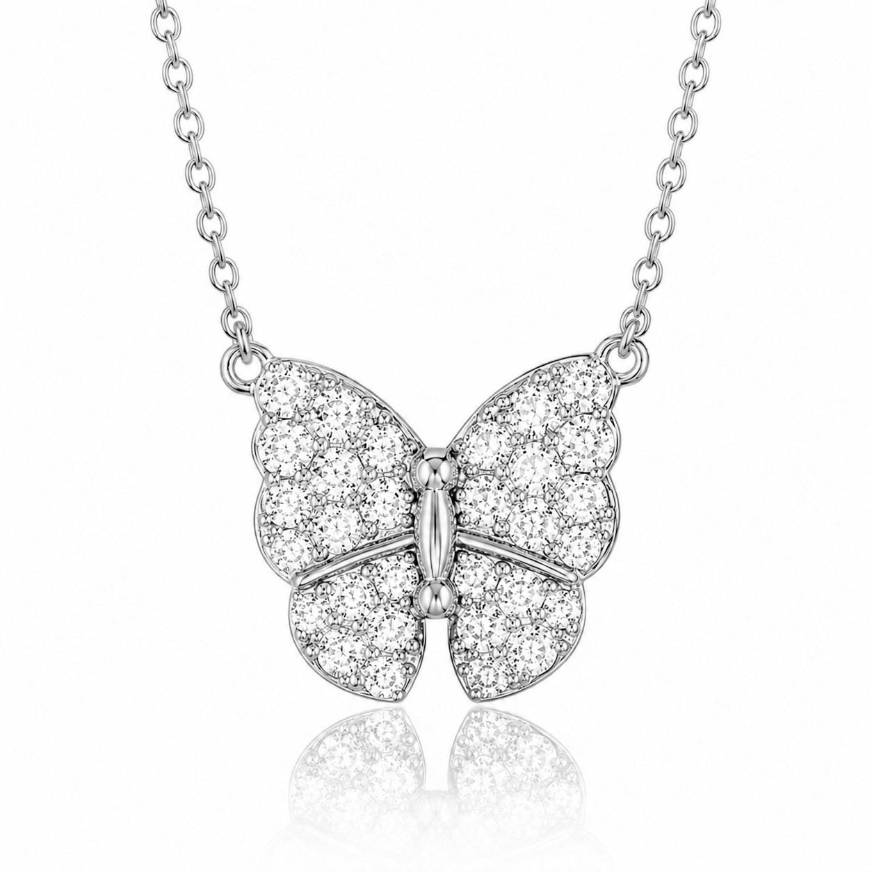 A silver necklace with a large, sparkling diamond-encrusted butterfly pendant.