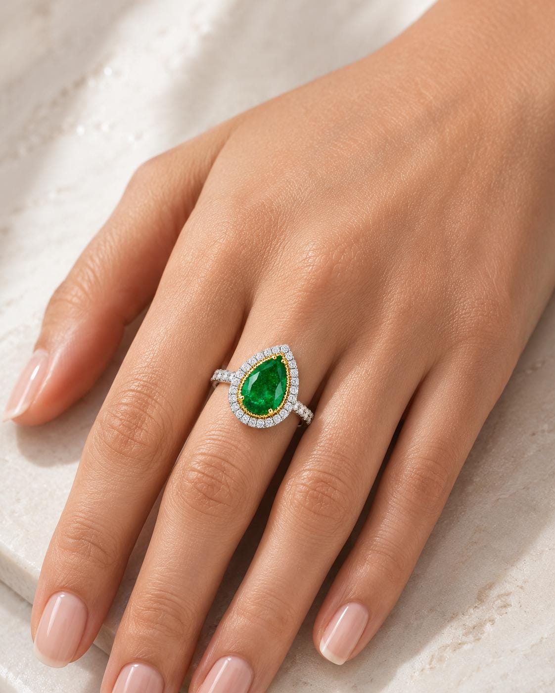 A close-up of a hand wearing a ring with a large, green gemstone.
