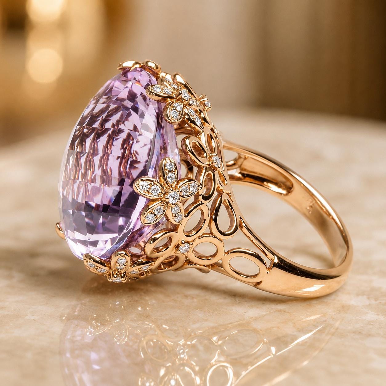 A large, purple gemstone ring with a gold band and intricate floral designs.