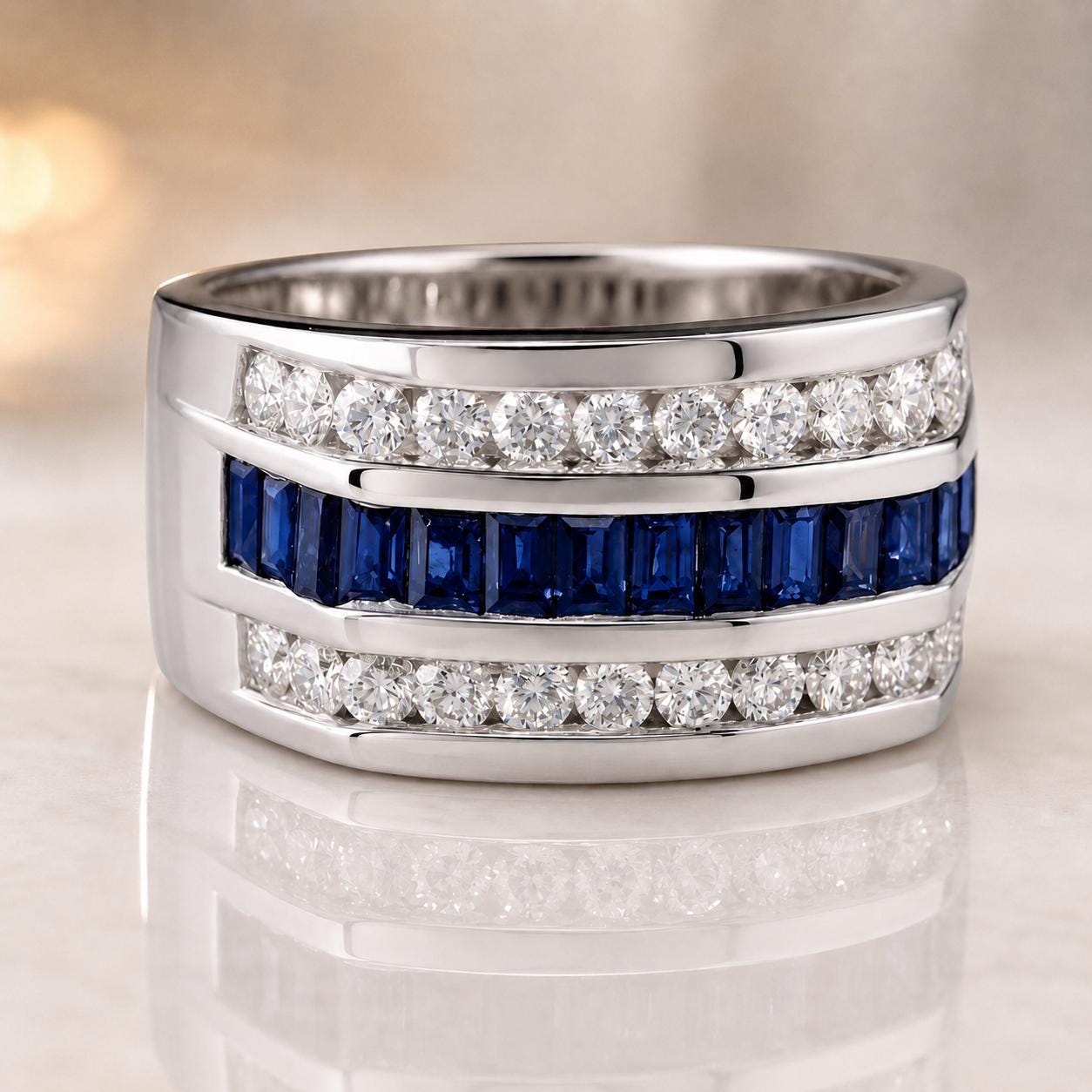 A silver ring with a row of diamonds and blue gemstones, showcasing a combination of white and blue diamonds.