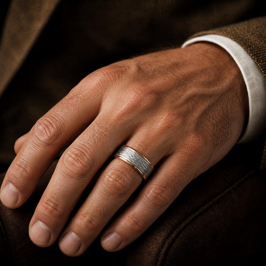 A close-up image of a hand wearing a silver ring on the ring finger.
