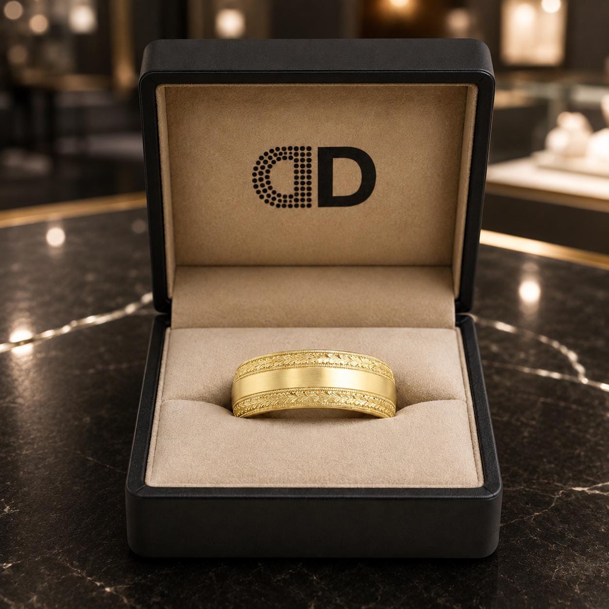 A gold ring is displayed in a black jewelry box with a logo on the inside.
