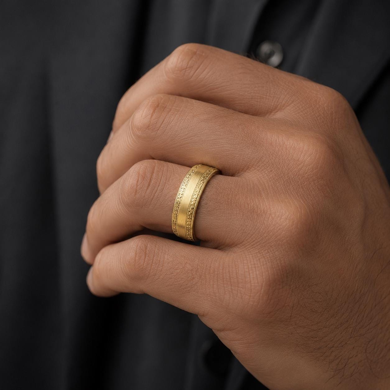 A close-up of a person's hand wearing a gold ring on the ring finger.
