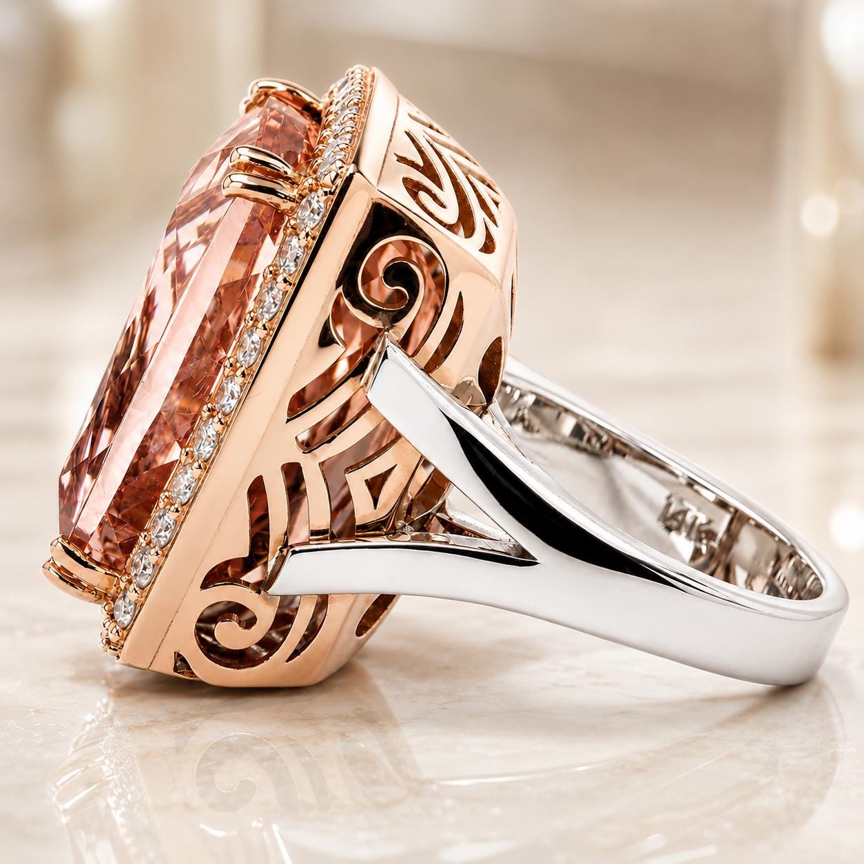 A large, ornate ring with a large, irregularly shaped gemstone set in a rose gold band.