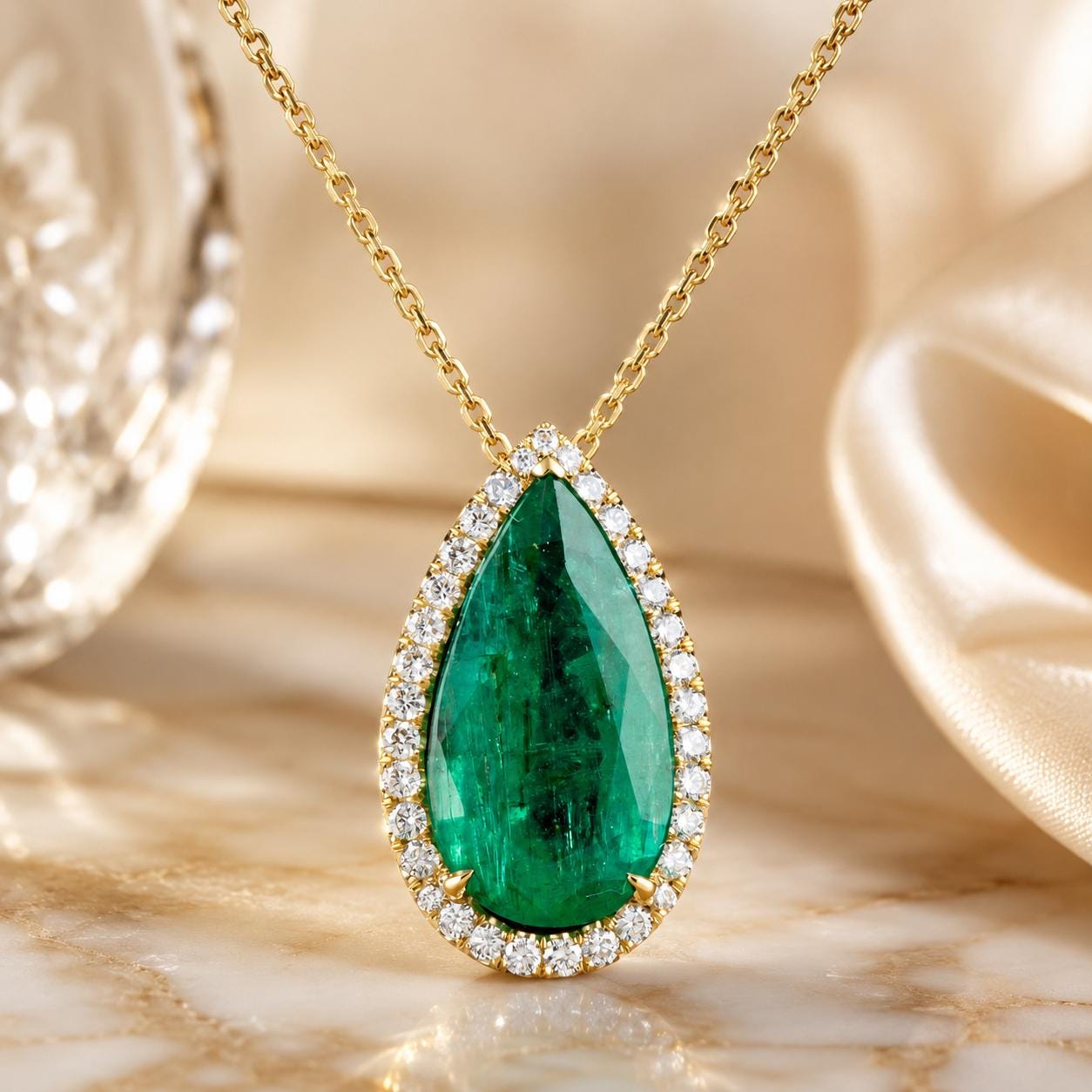 A stunning necklace with a large, vibrant green gemstone set in a sparkling diamond-encrusted frame, placed on a marble surface.