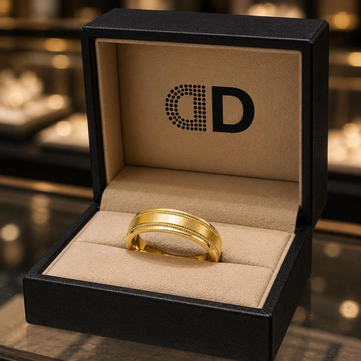 A gold ring is displayed in a black jewelry box with a logo on the inside.