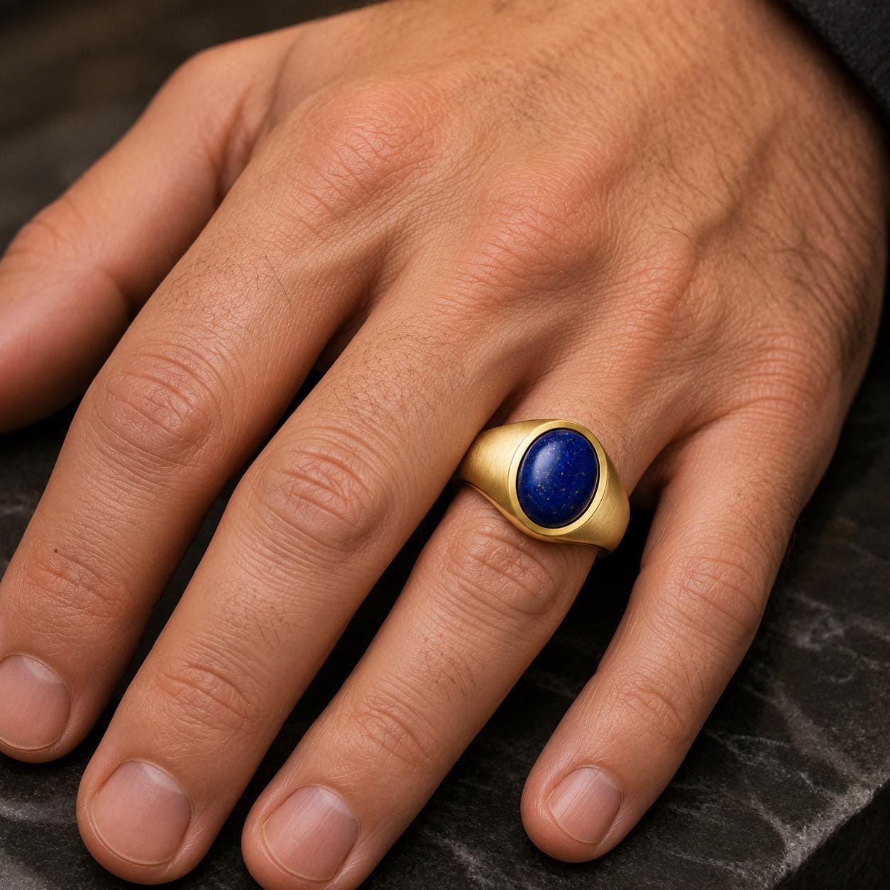 A close-up of a person's hand wearing a gold ring with a blue lapis lazuli stone.