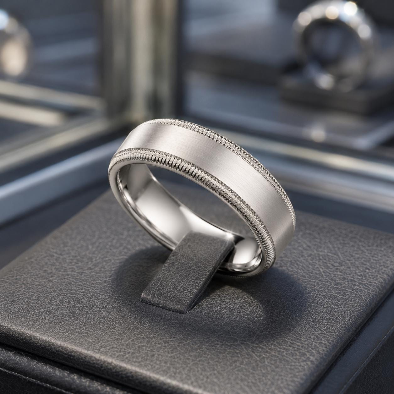 A silver ring with a textured band is displayed on a black stand, with other jewelry pieces visible in the background.