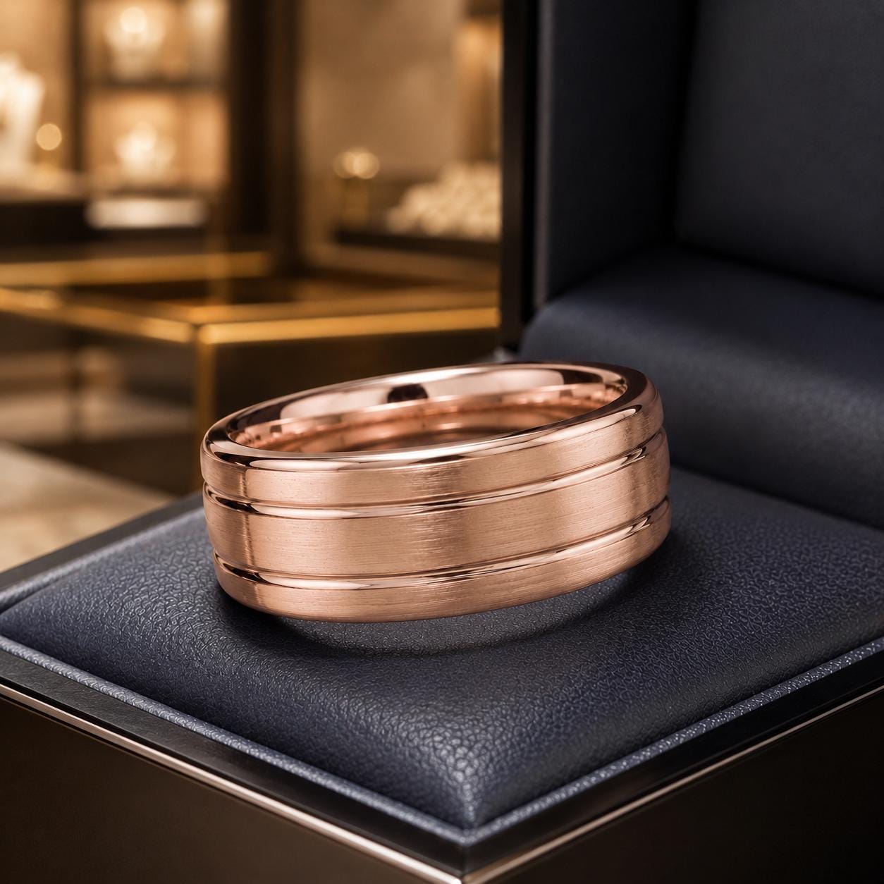 A gold-colored ring is displayed on a black leather cushion, placed on a black stand.