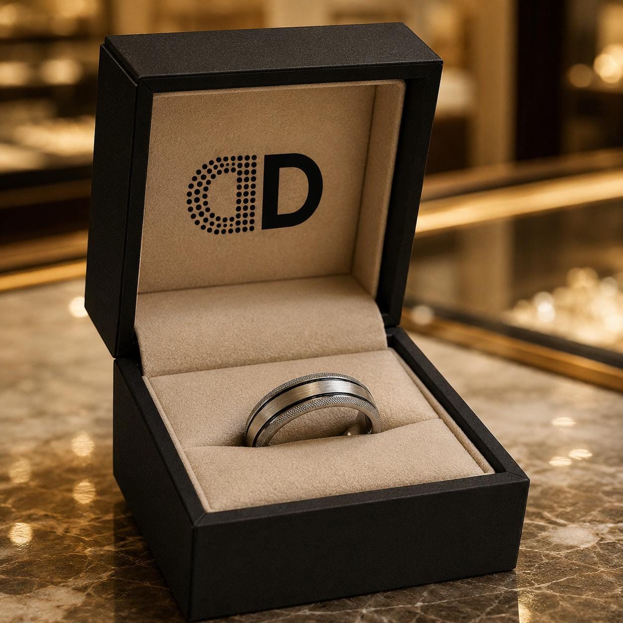 A silver ring is displayed in a black jewelry box with a logo on the lid.
