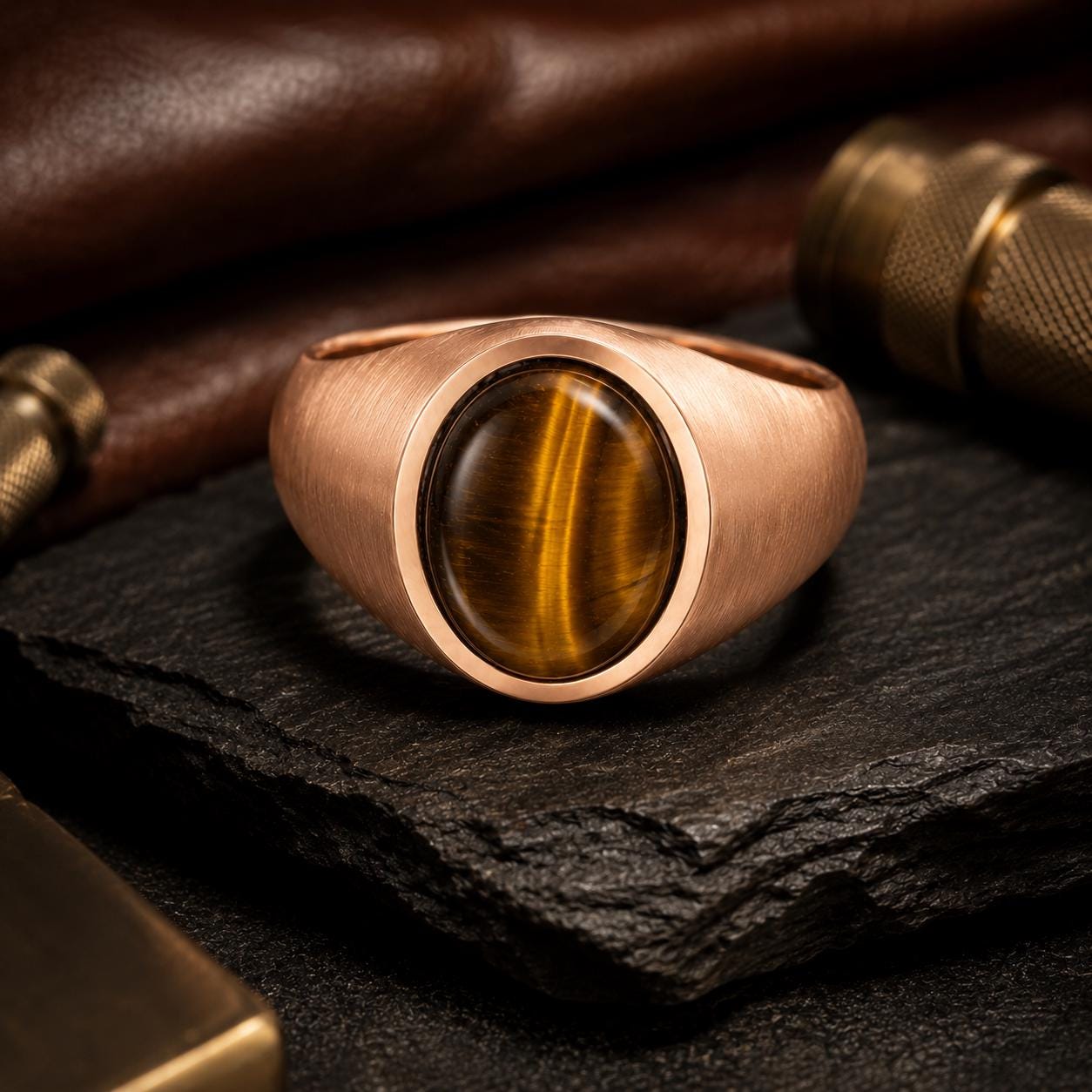 A gold ring with a large tiger eye stone is displayed on a dark surface, surrounded by various metallic objects.