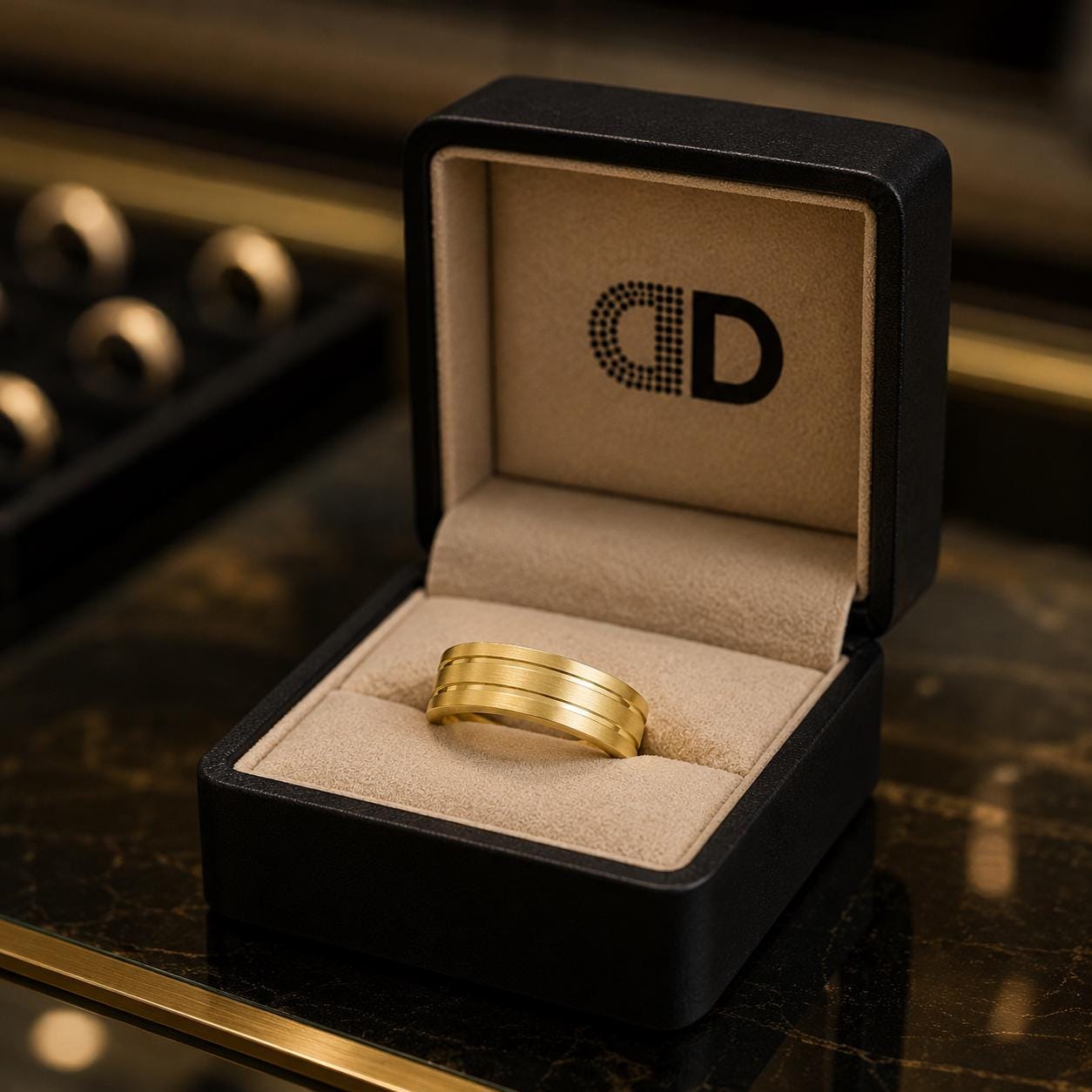 A gold ring is displayed in a black jewelry box with the letters "CD" printed on it.