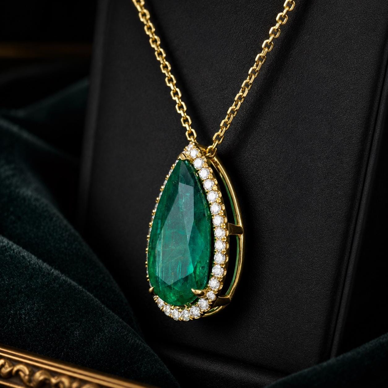 A close-up view of a gold necklace with a large, vibrant green gemstone, likely an emerald, set in a diamond-encrusted frame.