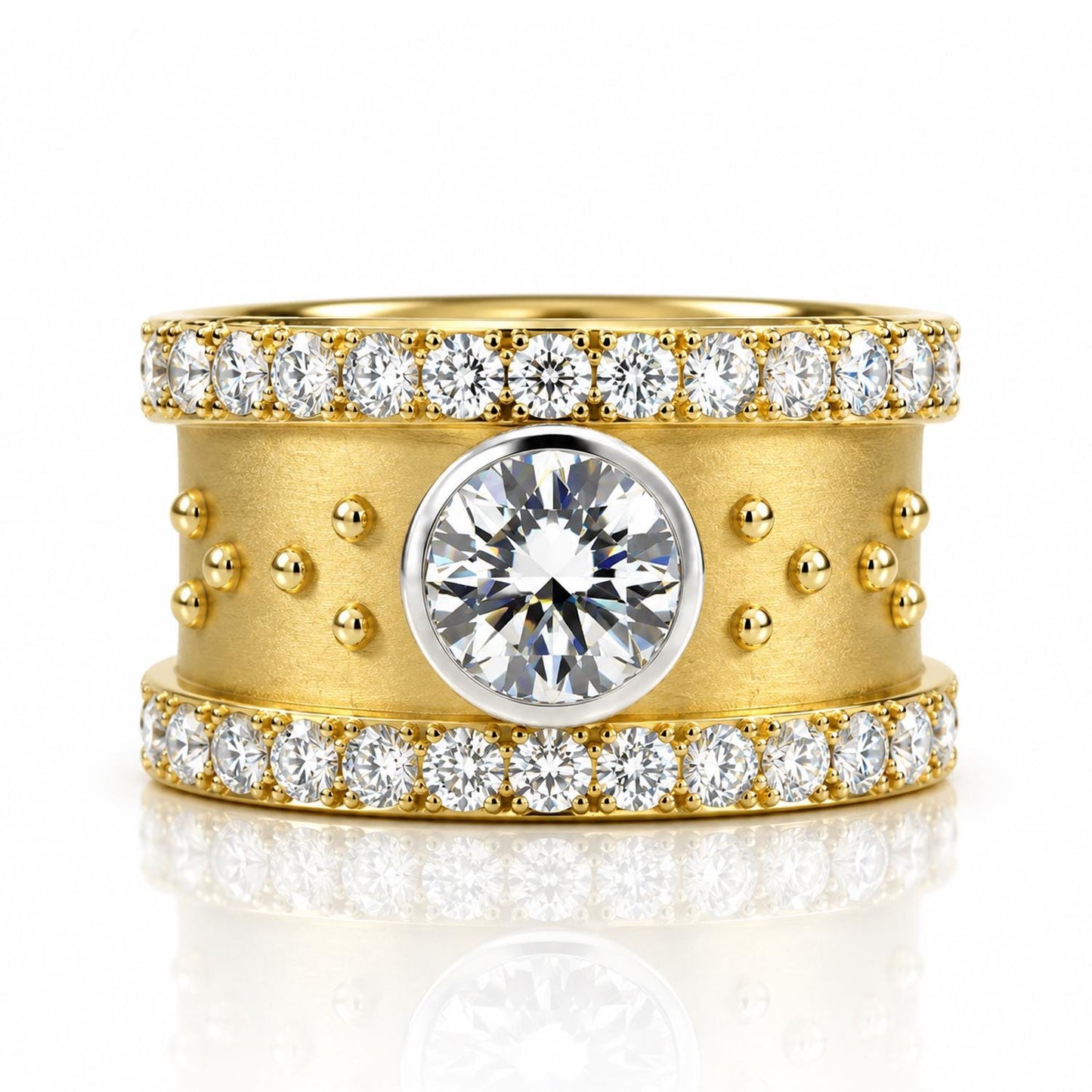 A gold ring with a large central diamond surrounded by smaller diamonds, set in a ring band with a row of small diamonds along the edge.