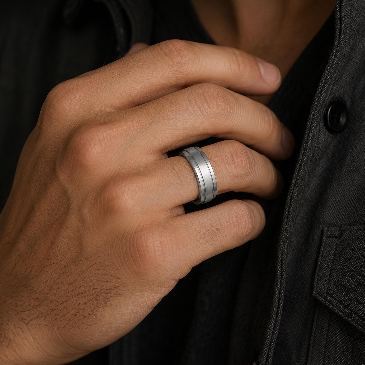 A close-up of a person's hand wearing a silver ring, with a black jacket visible in the background.