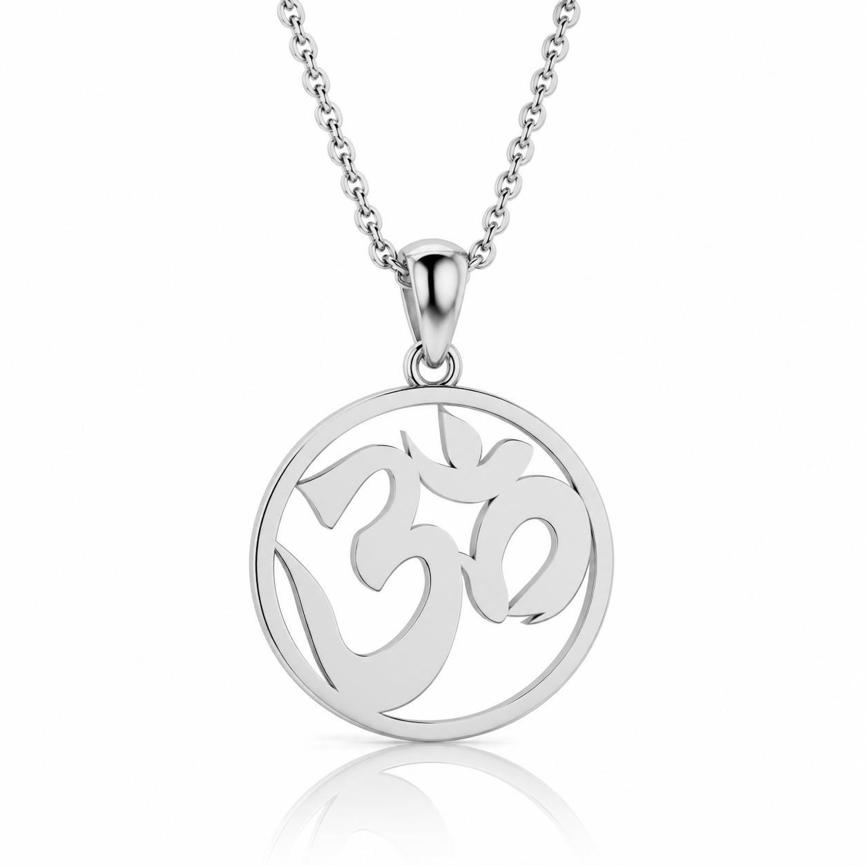A silver-colored pendant necklace with a circular pendant featuring the Om symbol.