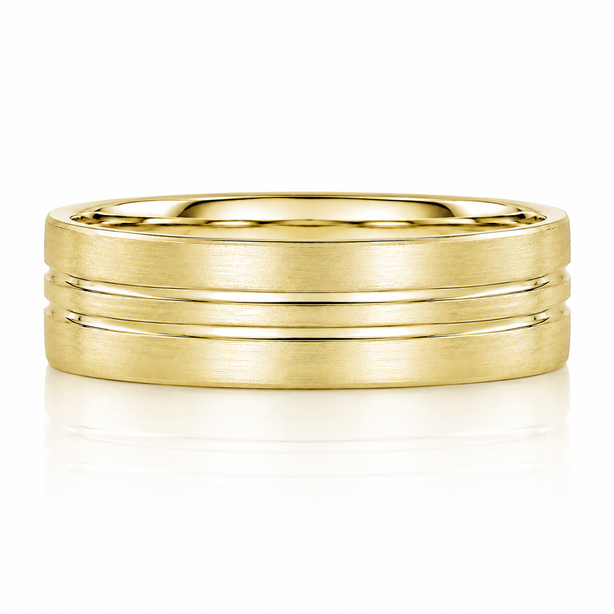 A gold ring with a textured band design.