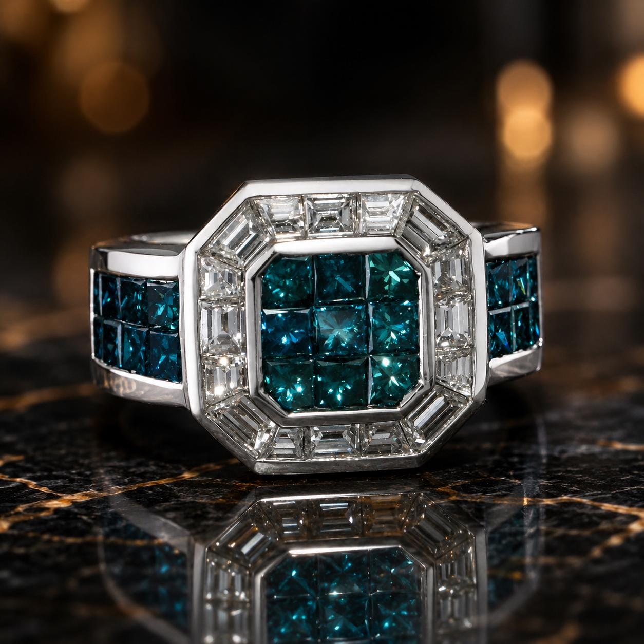 A silver ring with a large central gemstone surrounded by smaller blue gemstones, set in a silver band.