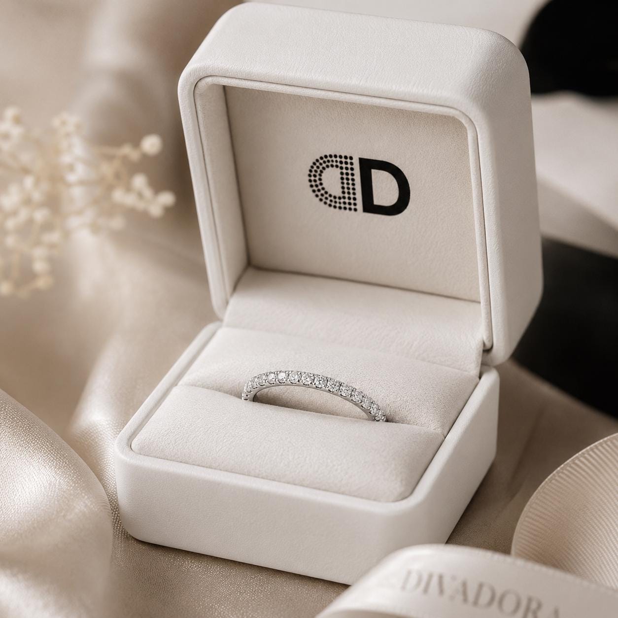 A white jewelry box containing a diamond ring, placed on a beige fabric background.