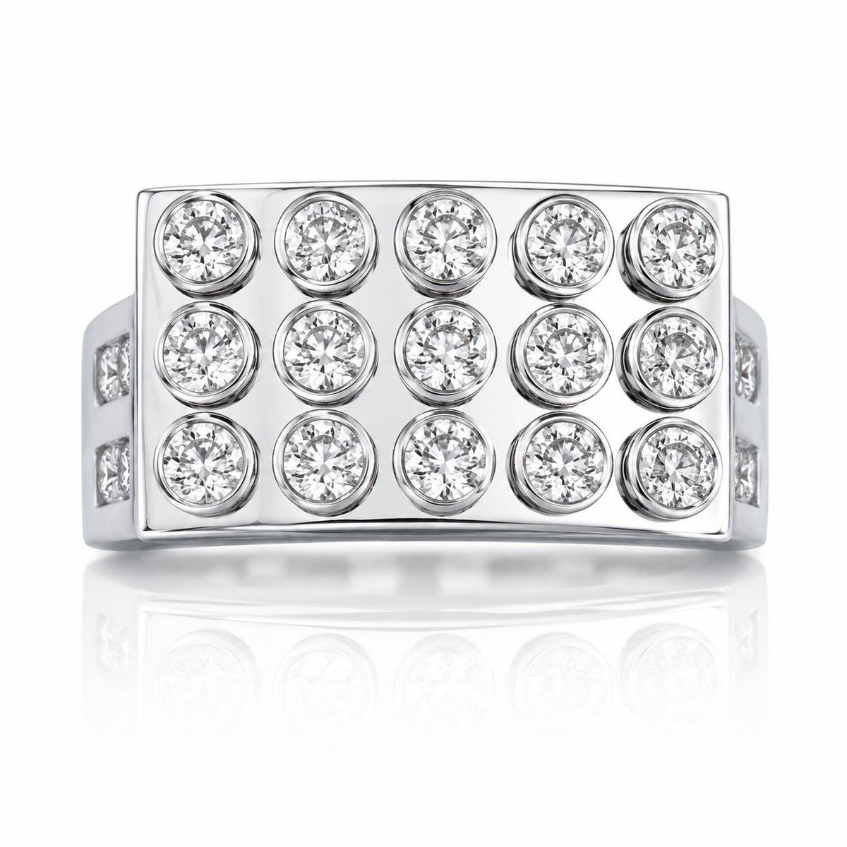 A silver ring with a large central diamond surrounded by smaller diamonds arranged in a grid pattern.