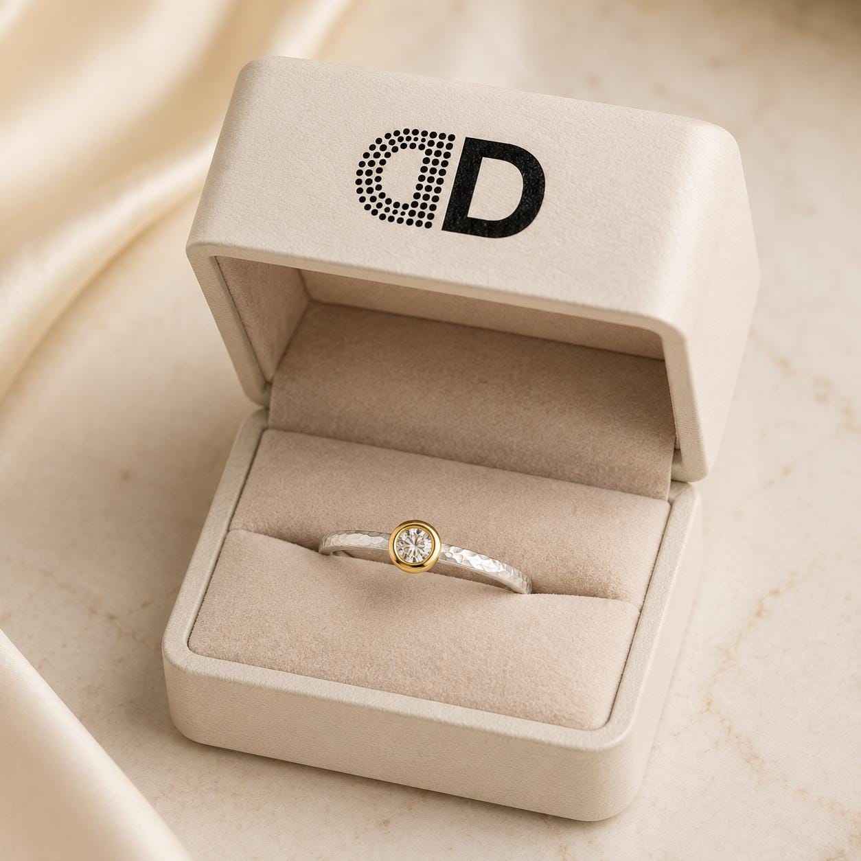 A white jewelry box containing a ring with a diamond in the center.