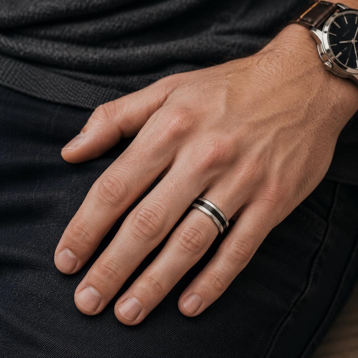 A close-up view of a person's hand wearing a ring and a watch on their wrist.