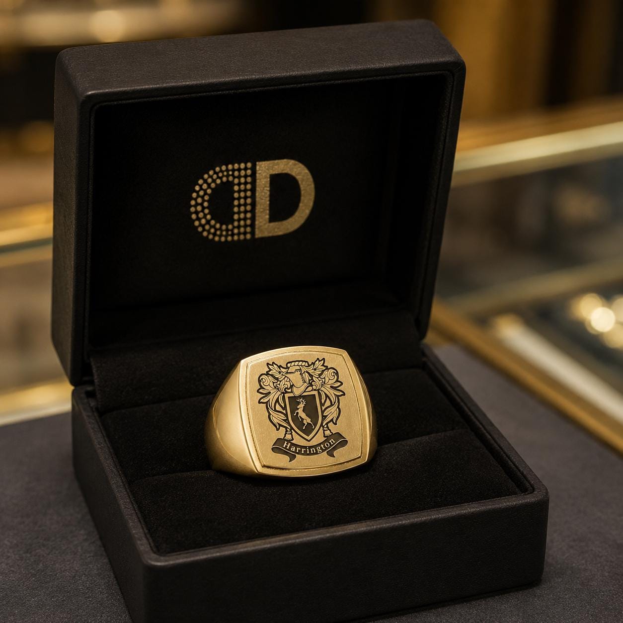 A gold ring with a crest and the letters 'CD' displayed in a black box.