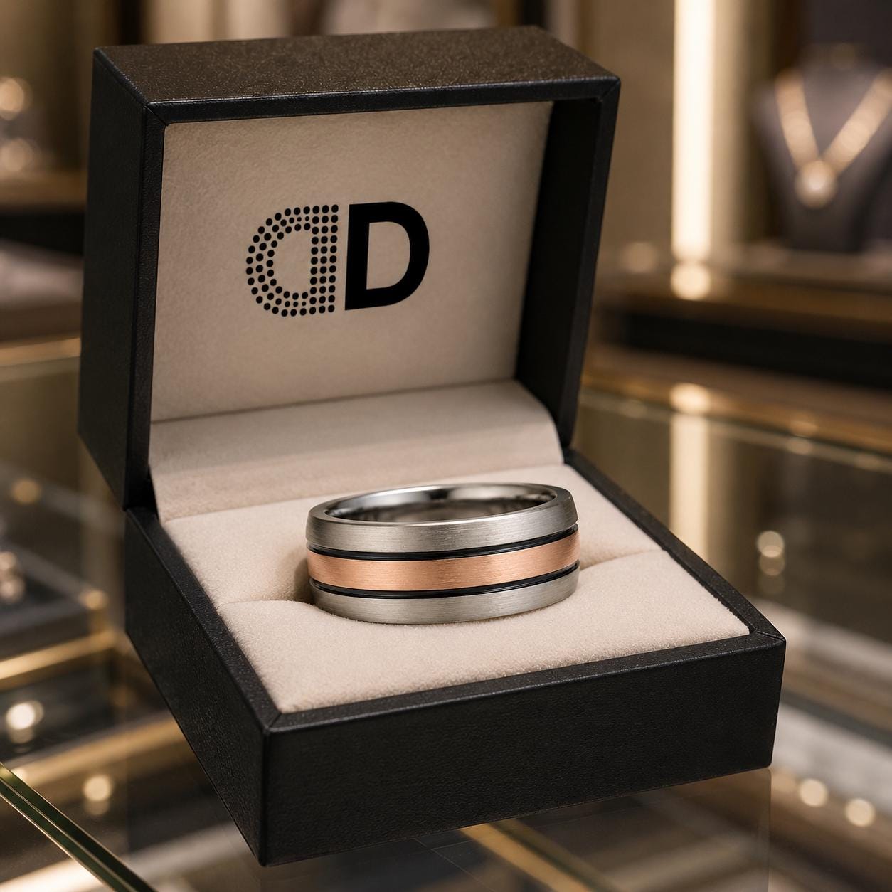 A silver ring is displayed in a black jewelry box with a gold and black band.